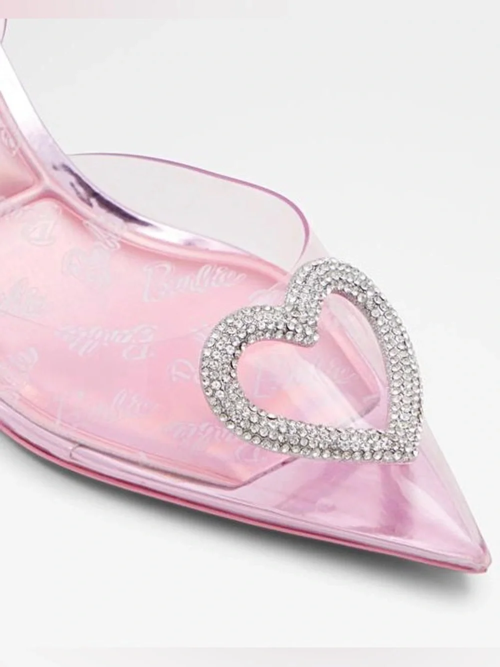 ALDO × Barbie Slingback Heels in Clear Pink with Crystal Heart Gems